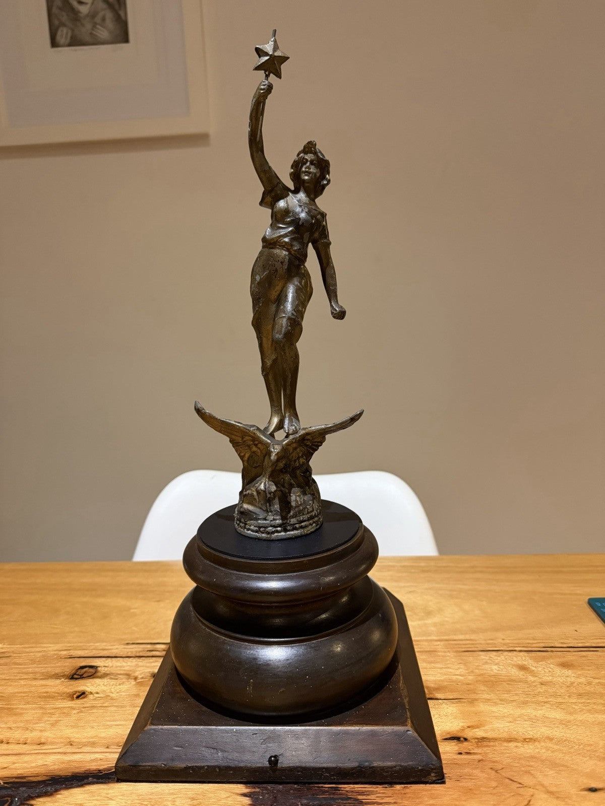 La Nuit Spelter Sculpture Lady With Star Eagle Figure on Timber Plinth
