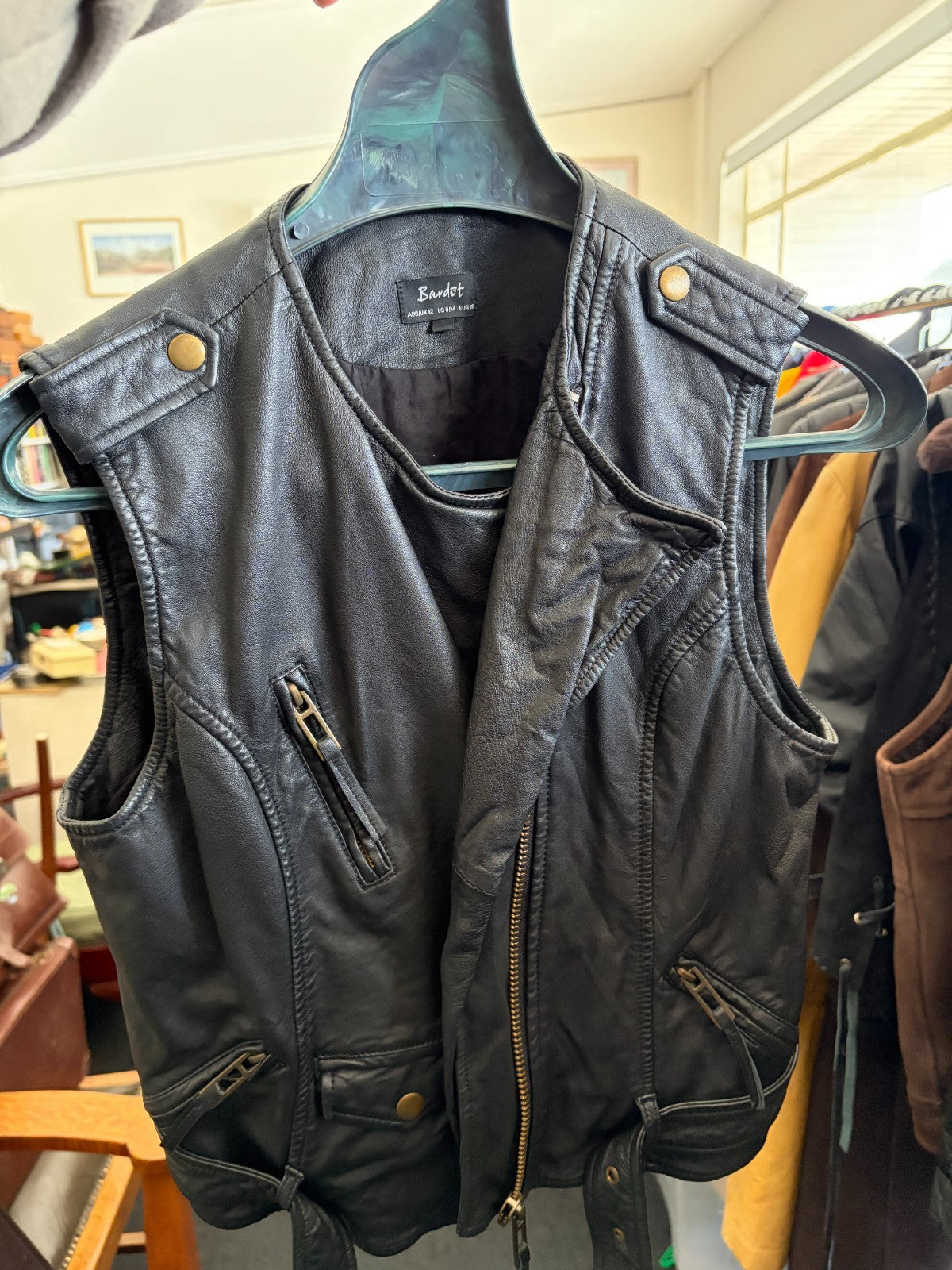 Bardot Womens Genuine Leather Biker Vest Black Size 12 Zip Waistcoat