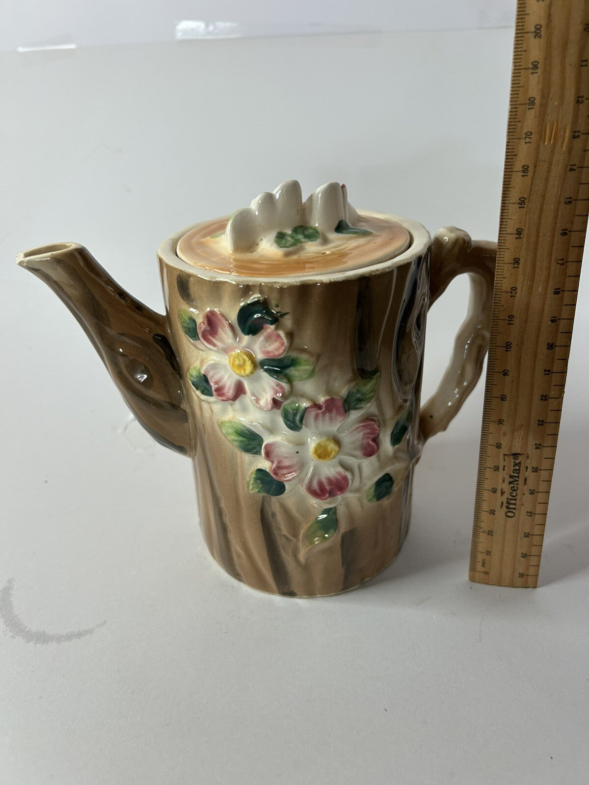 Rare 1950s Nasco Tree Trunk Tea Pot w flowers Good Condition Collectable