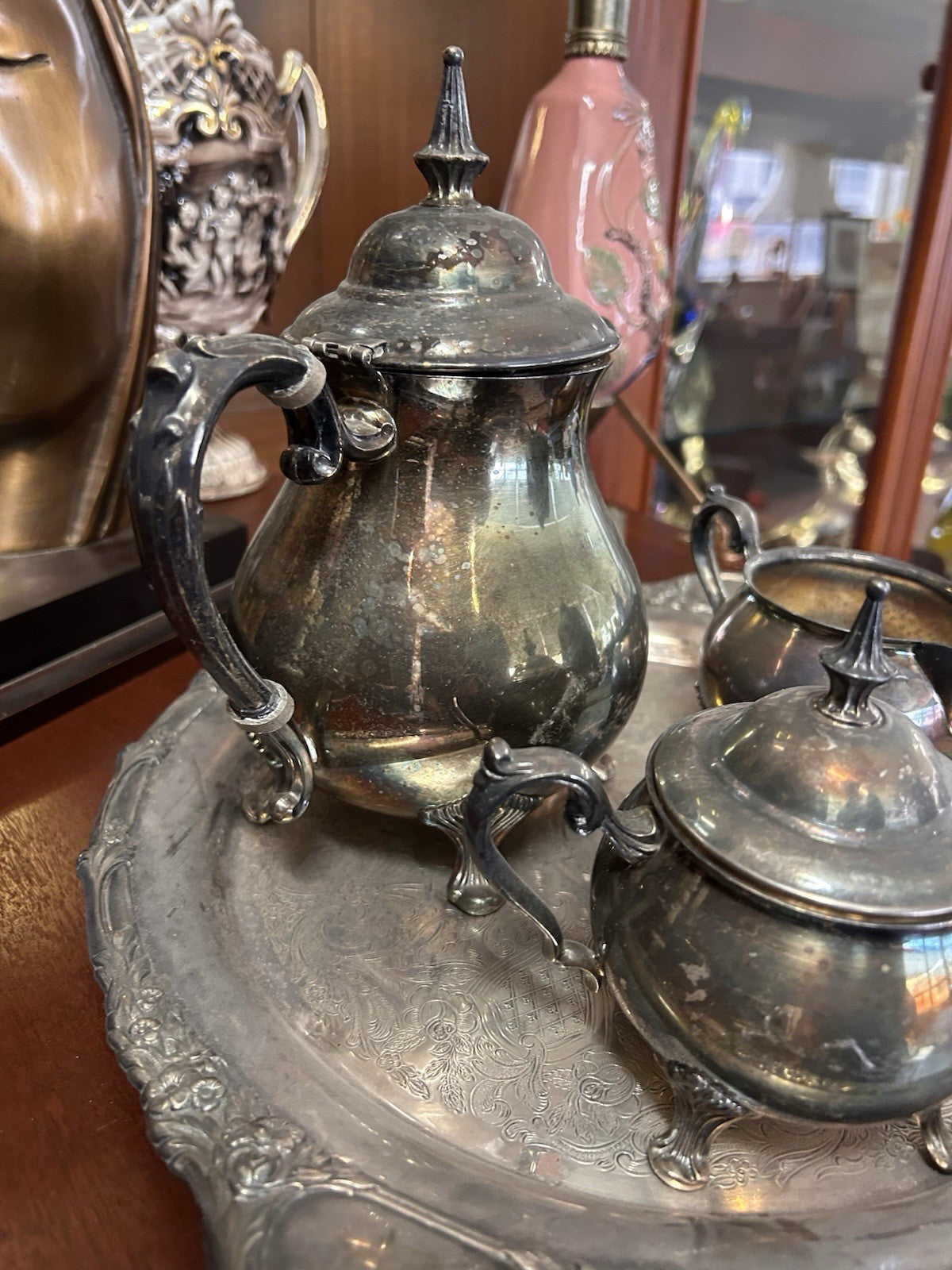 Rodd Silverplate Tea Set w Grosvenor Tray Teapot Sugar Creamer Vintage 