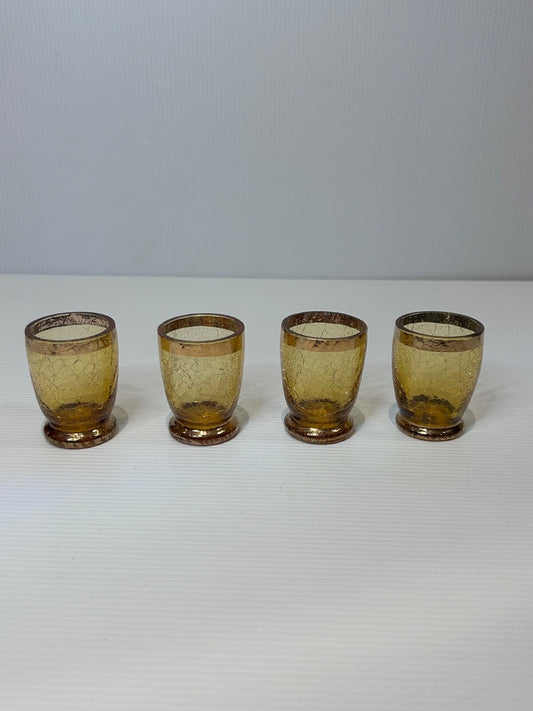Vintage Amber Crackle Glass Cordial / Shot Glasses with Gold Rim – Set of 4 – Mi