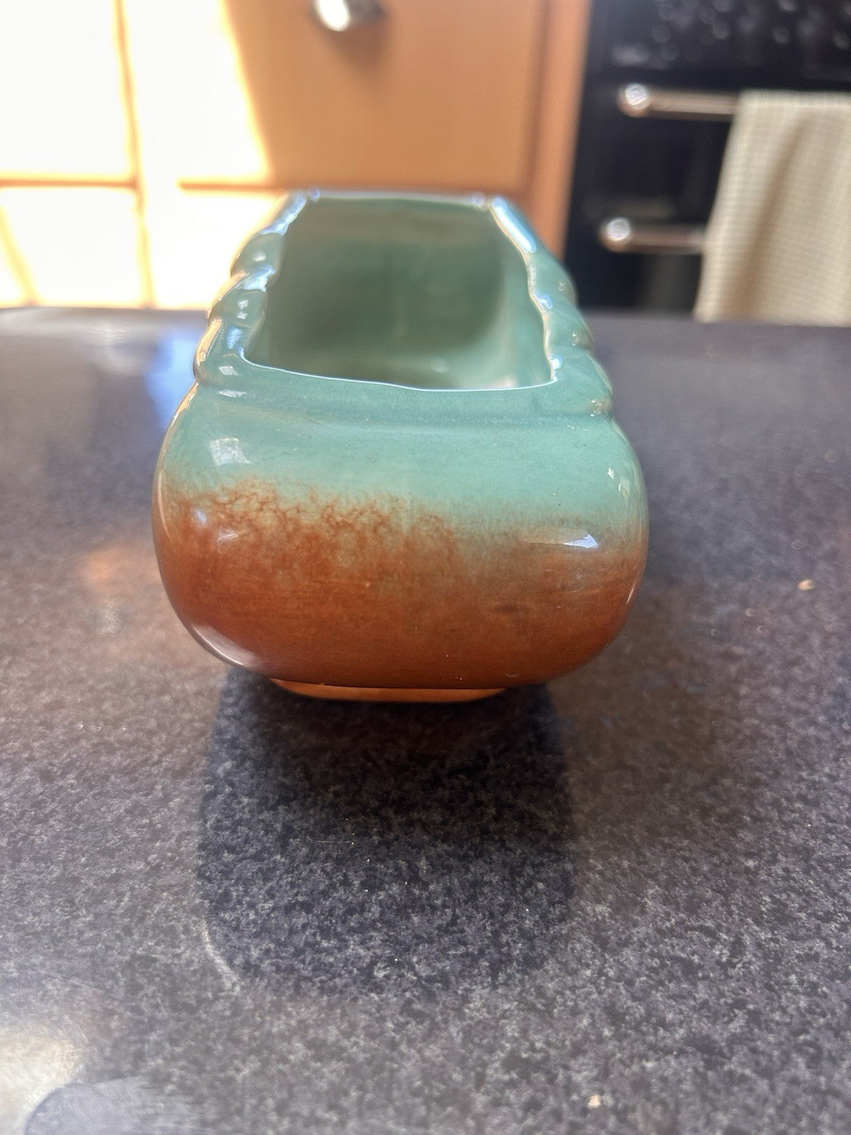 Diana Pottery Australia T6 Trough Vase Planter Green Brown Drip Glaze Vintage