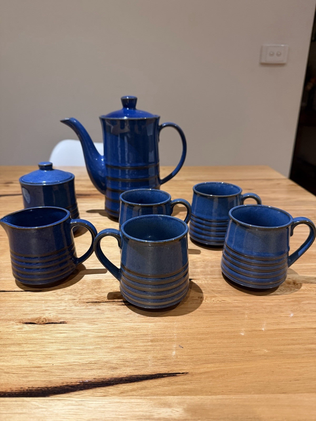Mid Century Japanese Blue Pottery Coffee Set Teapot Mugs Creamer 1960s 7pc