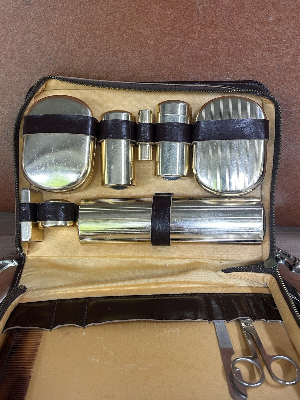 Vintage Gentleman’s Travel Grooming Set 1950s Brown Leather Shaving Kit
