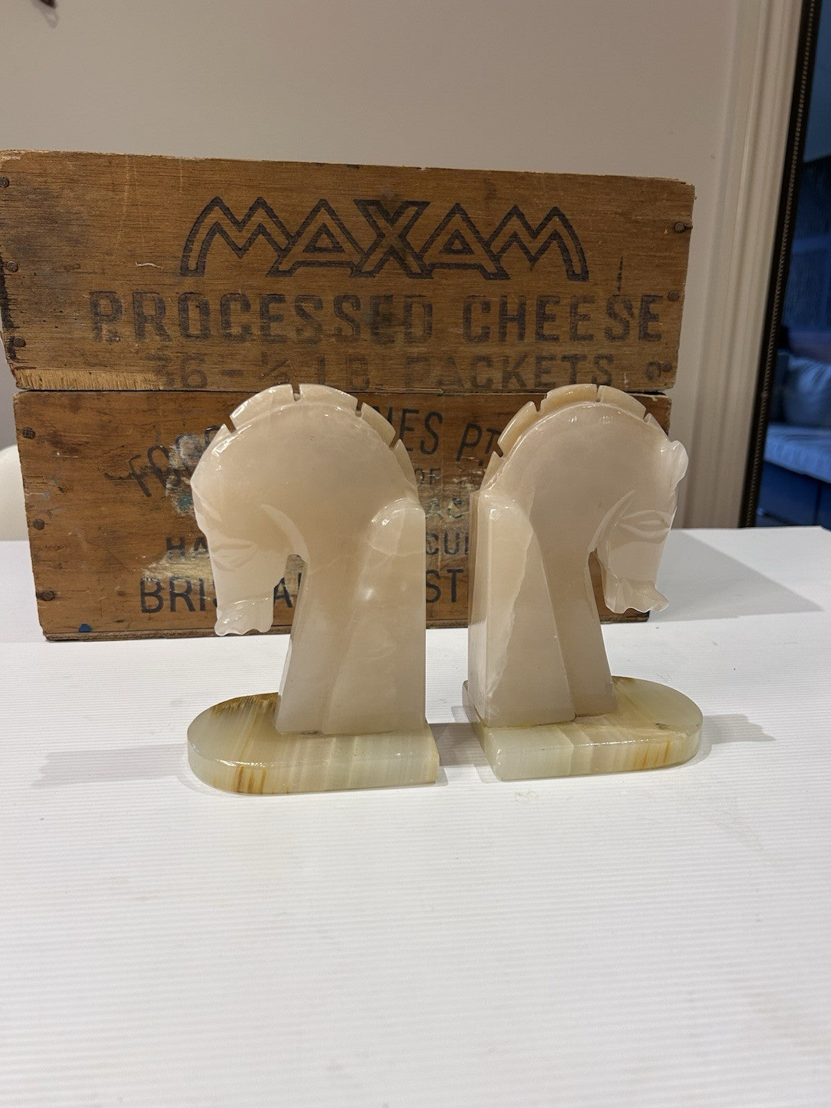 Vintage Onyx Horse Head Bookends Pair – Mid-Century Art Deco Style 16cm Tall