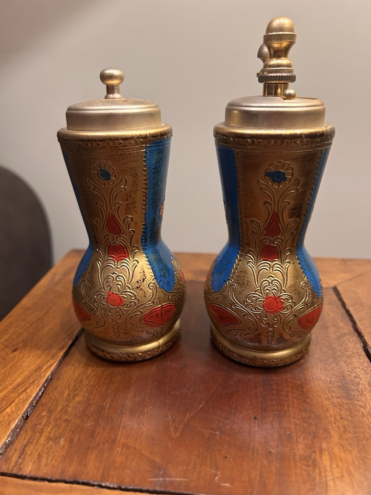 Vintage Italian Salt Pepper Grinder Set Blue Gold Florentine Style Pair