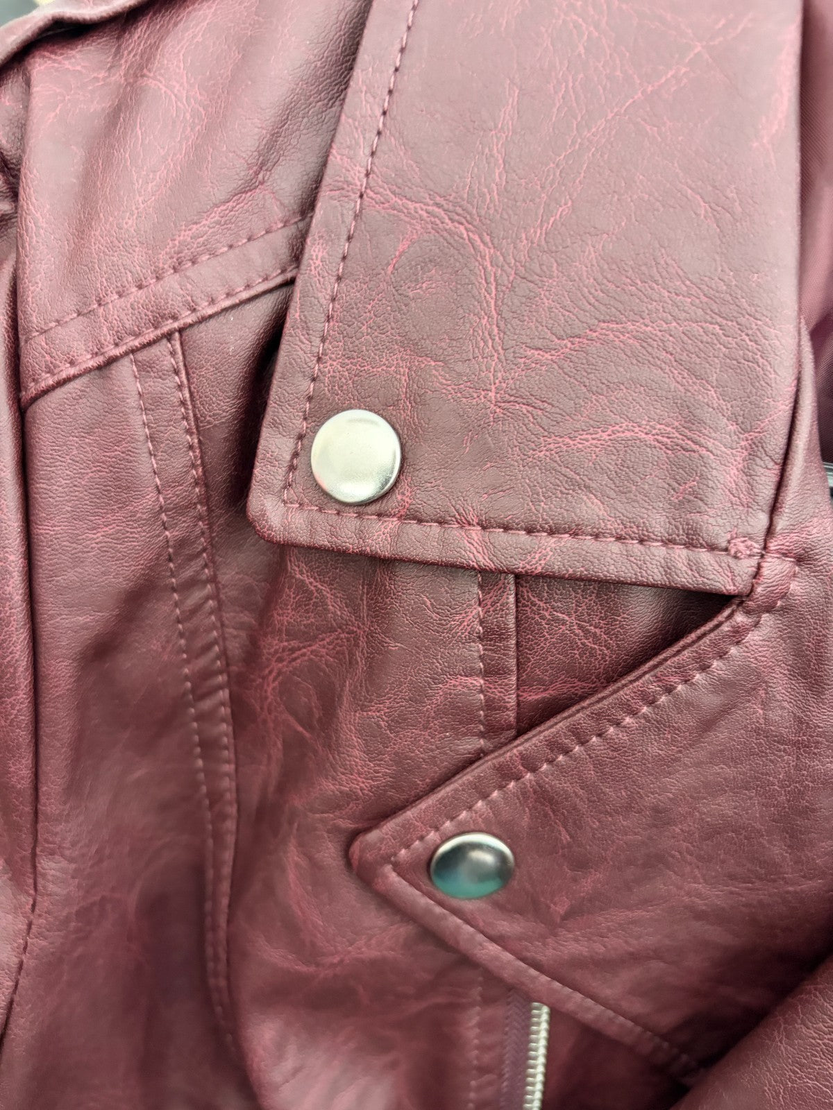 Dotti Womens Size 10 Burgundy Faux Leather Biker Jacket Cropped Moto Zip