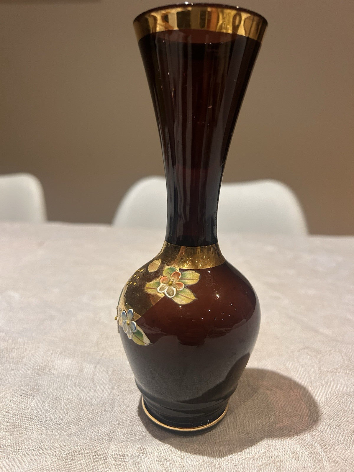 Early 20th Century Hand-Blown Ruby Glass Vase with Gilt & Enamel Floral
