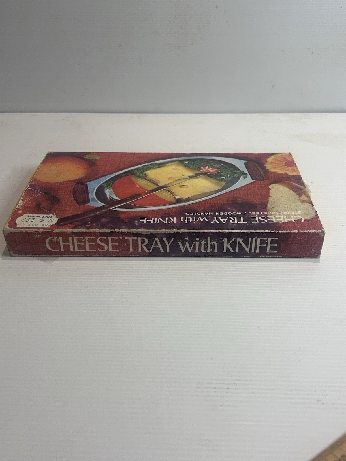 Vintage Cheese Tray & Knife Set Boxed Stainless Steel Wooden Handles Retro
