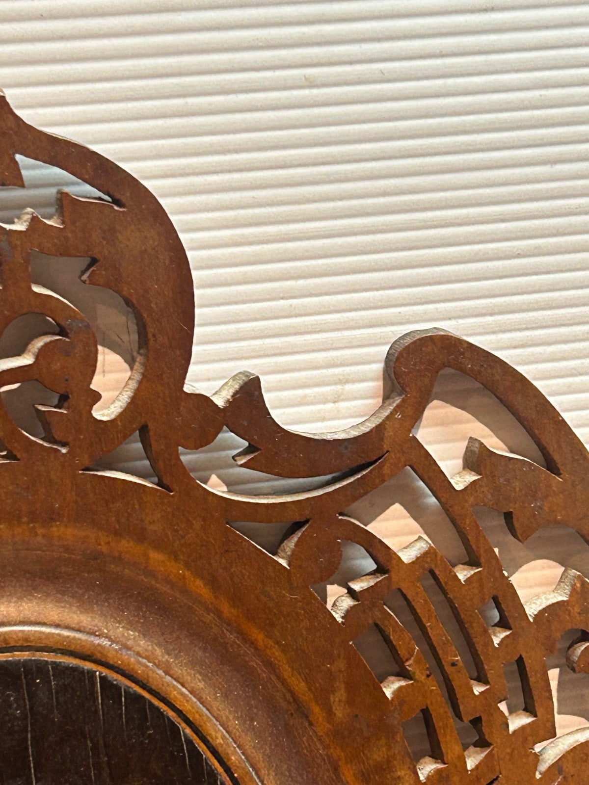 Antique Victorian Fretwork Wall Shelf with Painted Figure c.1890s