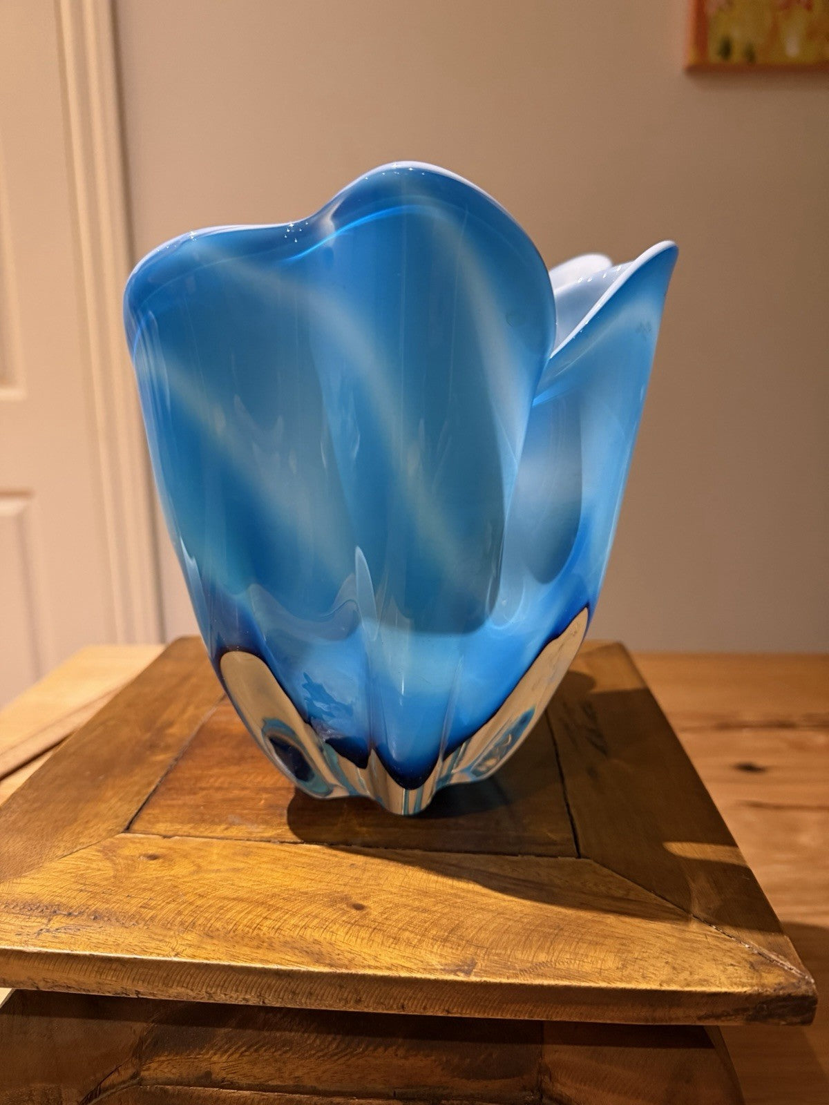 Czech Chribska Blue Cased Art Glass Vase Mid Century 19cm Organic Form