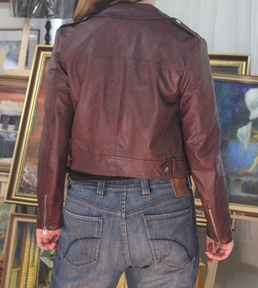 Dotti Womens Size 10 Burgundy Faux Leather Biker Jacket Cropped Moto Zip