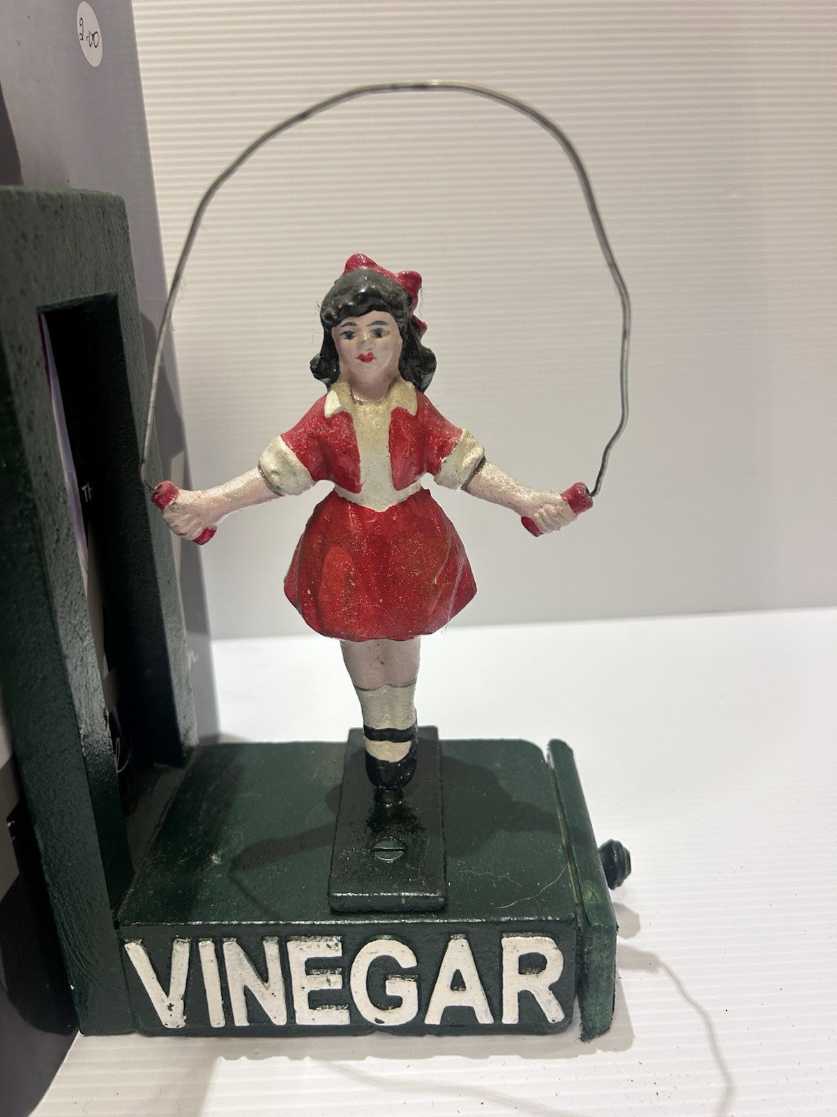 Vintage Styled Cast Iron Vinegar Skipping Girl Bookends with Wooden draws