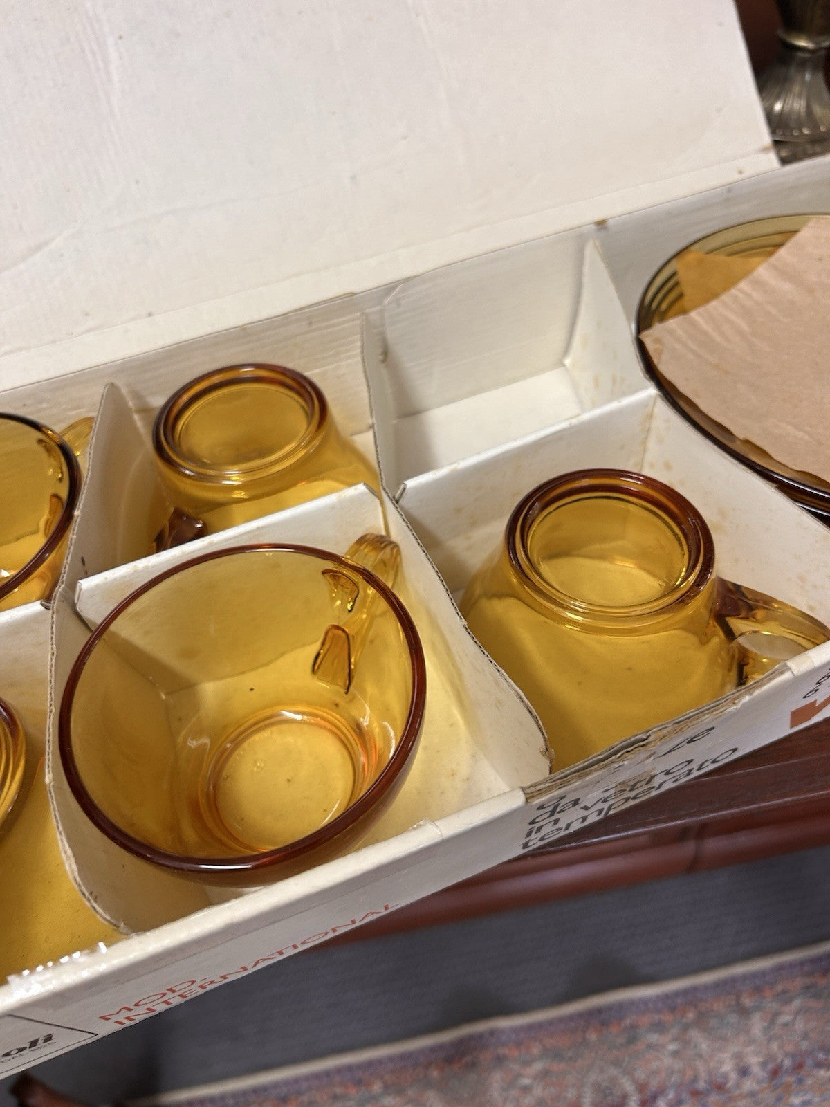 Vintage Bormioli Amber Glass Tea Set 6 Cups & Saucers Boxed Italian