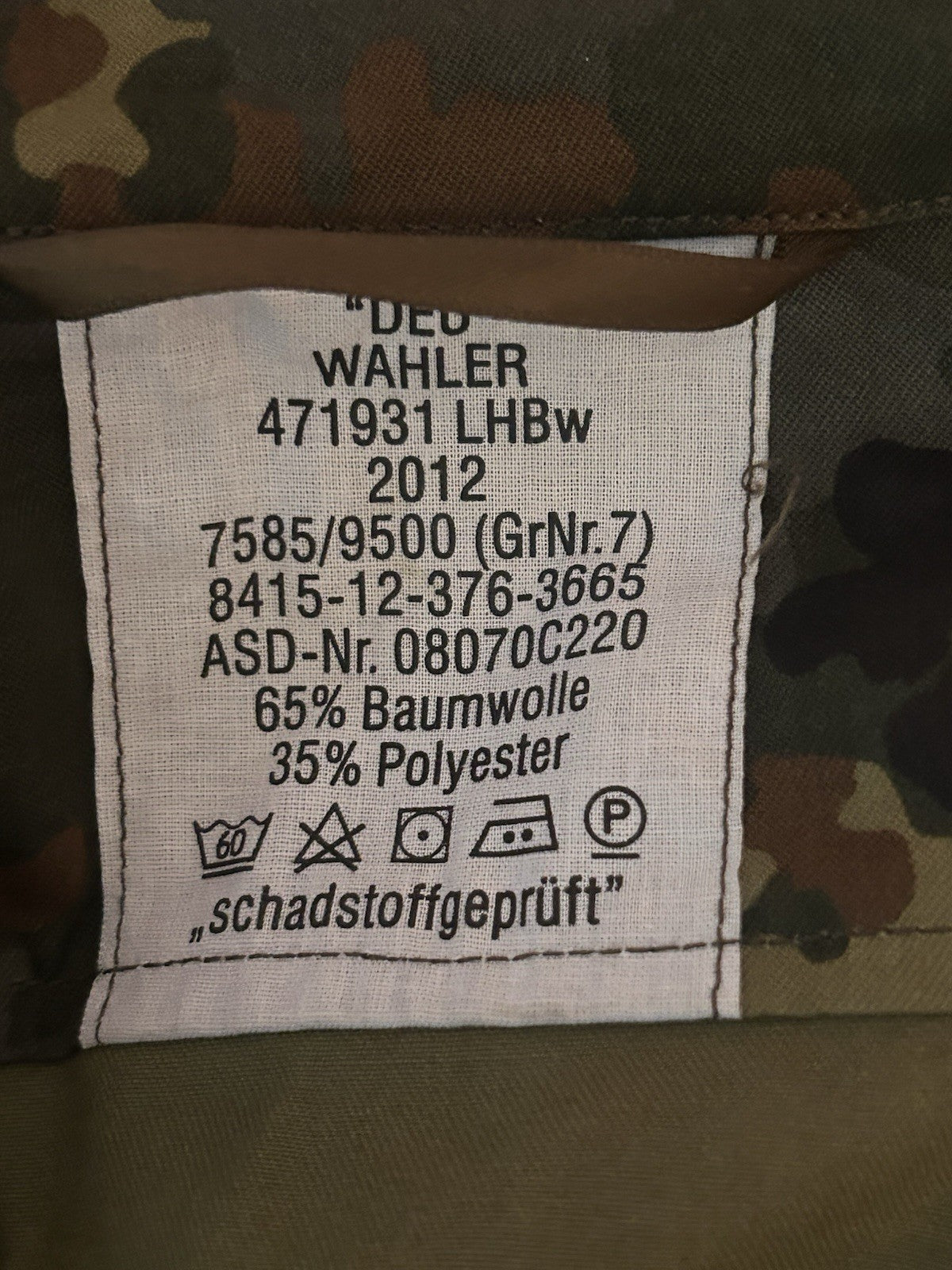 German Army Flecktarn Field Jacket BW Combat Shirt 2012 Size Gr.7 7585/9500