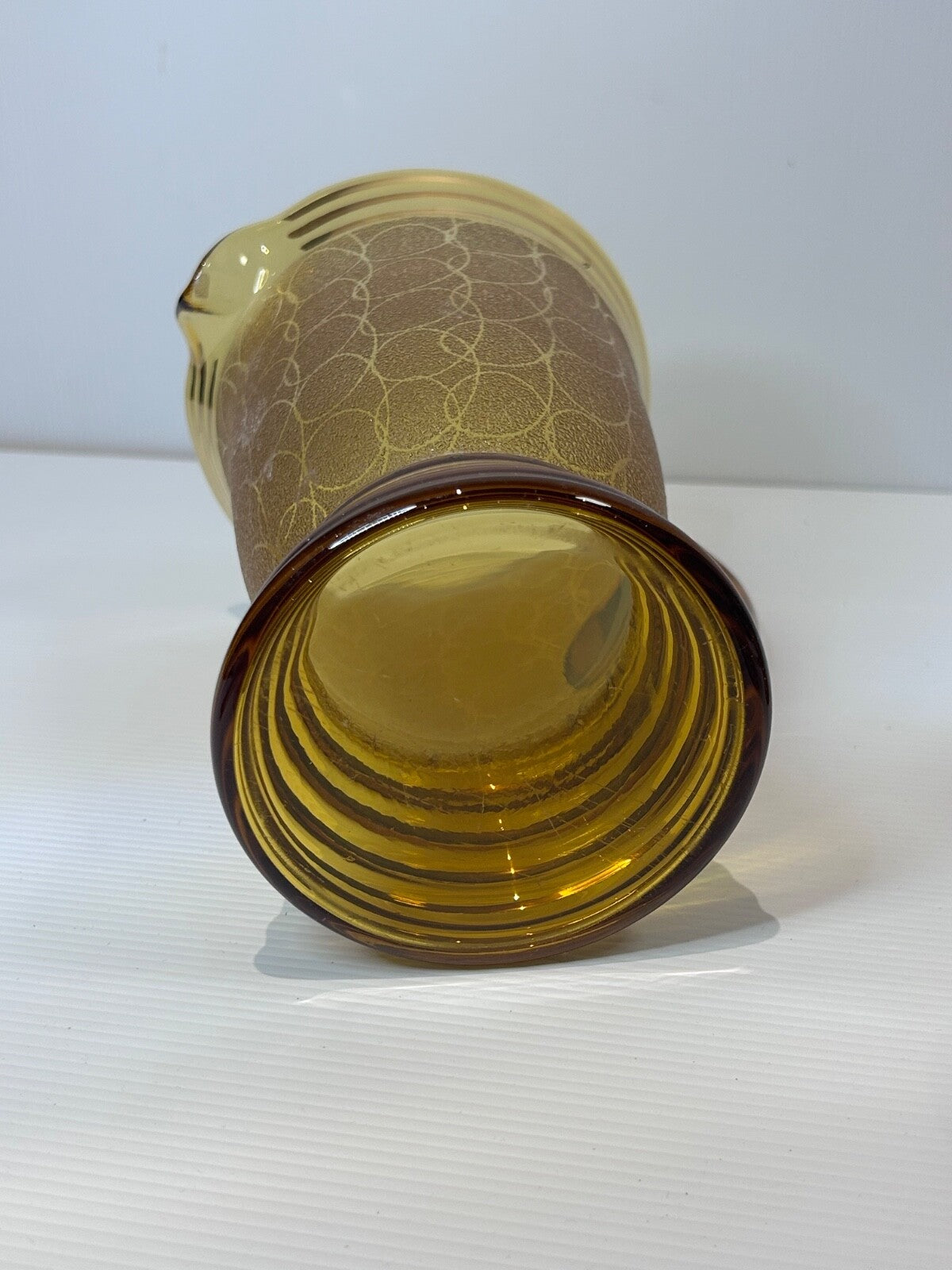 Vintage Amber Glass Lemonade Set – Textured Gold Bands – Jug & 5 Tumblers Retro