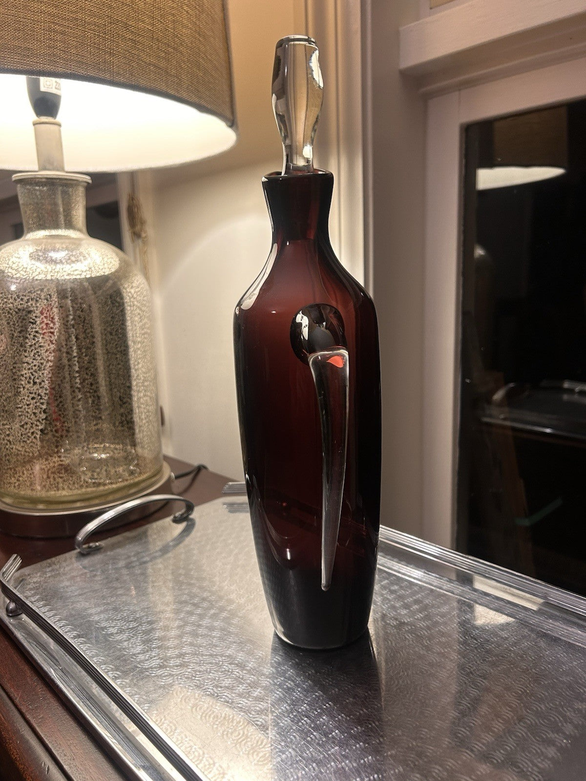 Vintage Ruby Red Art Glass Decanter Bottle w Stopper & Handle Murano Style 36cm 