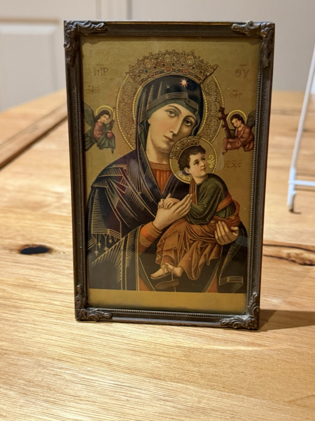 Vintage Swiss Our Lady of Perpetual Help Framed Icon Print c1930s Embossed