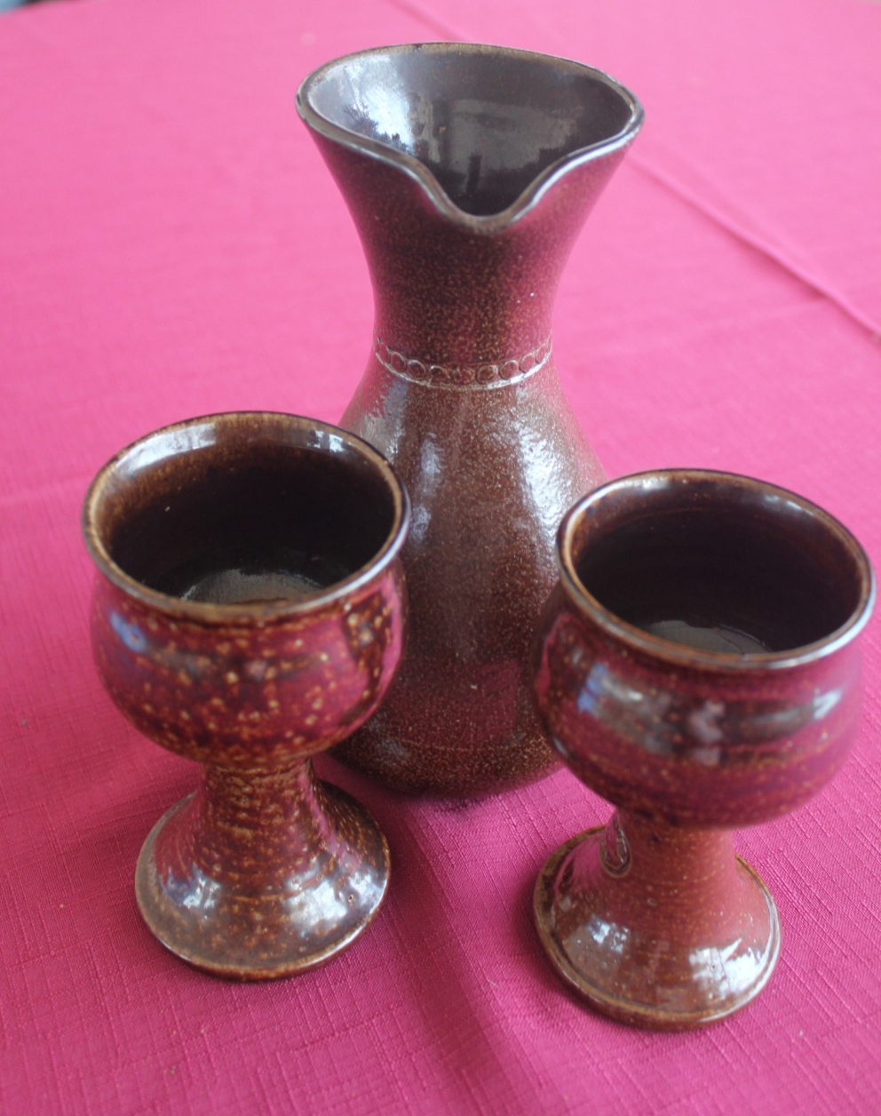 Bendigo Pottery Vintage wine Set – Carafe & 2 Goblets (Brown Glaze)