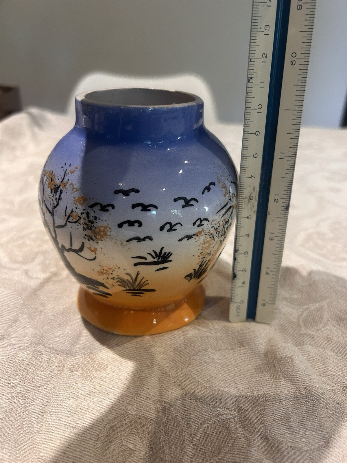 Vintage Hand Painted Scenic Vase Birds Tree Blue Orange Glaze c1960s