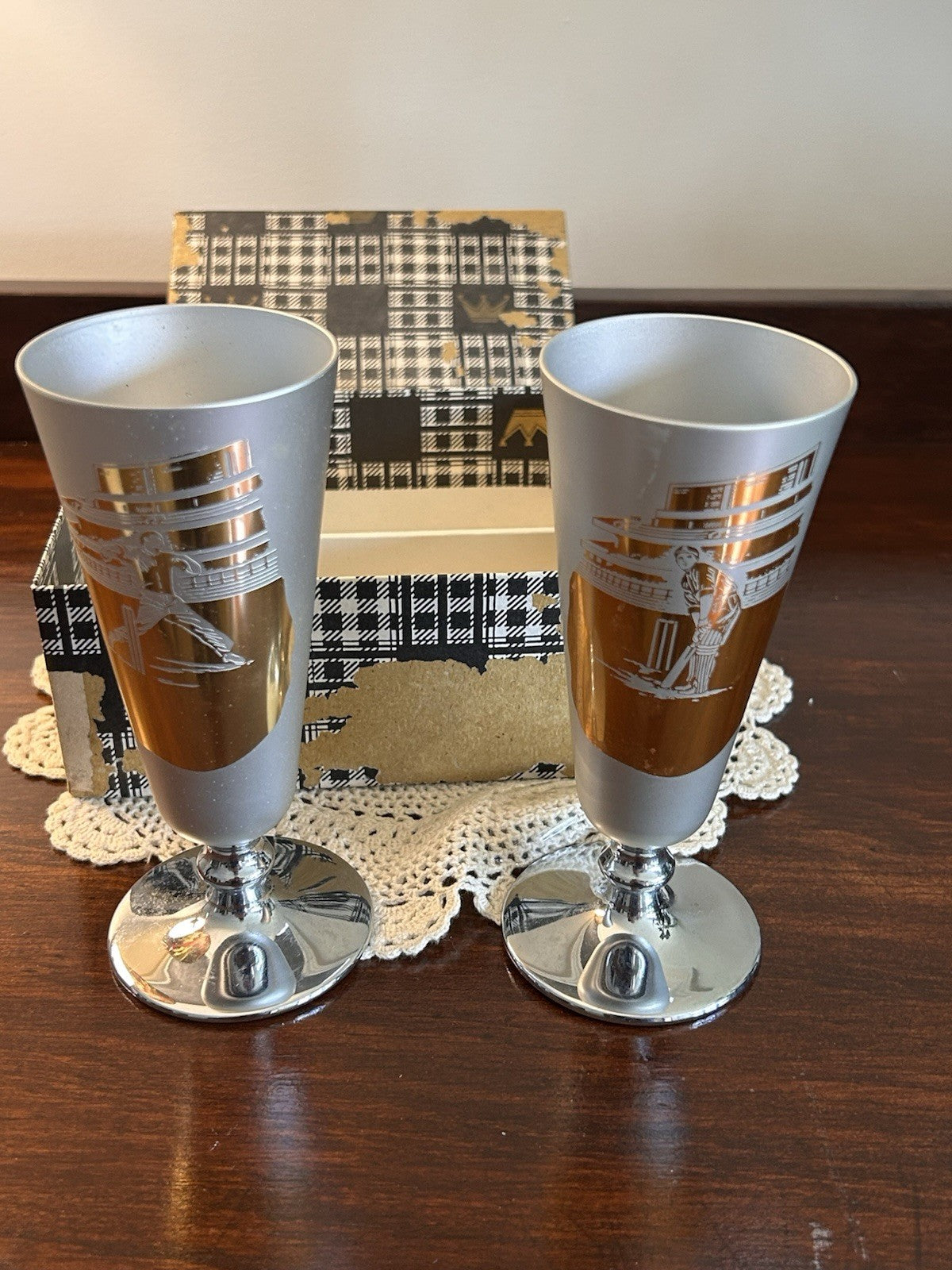 Fiesta Ware Cricket Goblets Pair 1970s Boxed Anodised Aluminium Gold Design