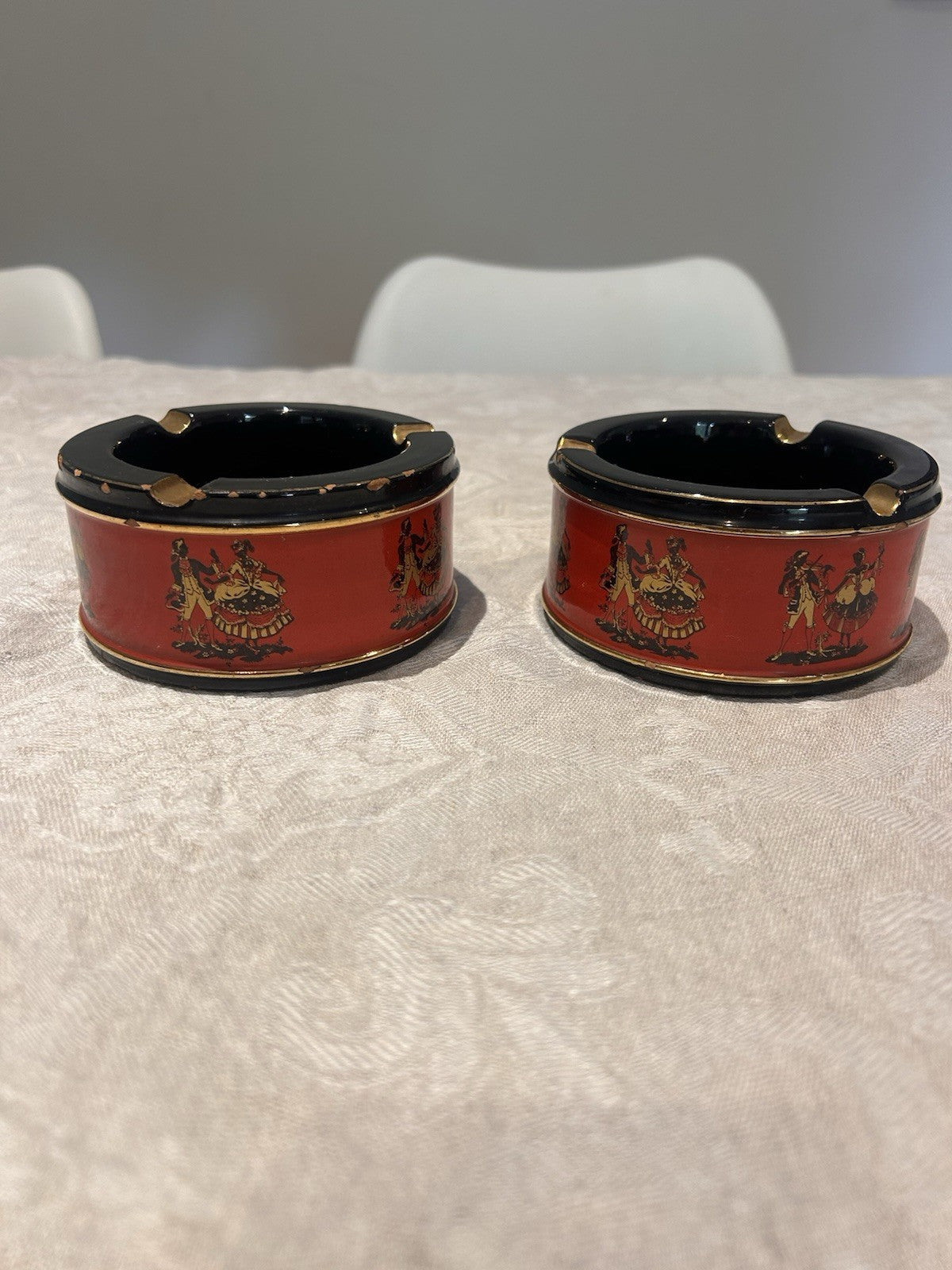 Vintage Italian Ceramiche Fiorentine Ashtrays Pair Red Black Gold c1950s 