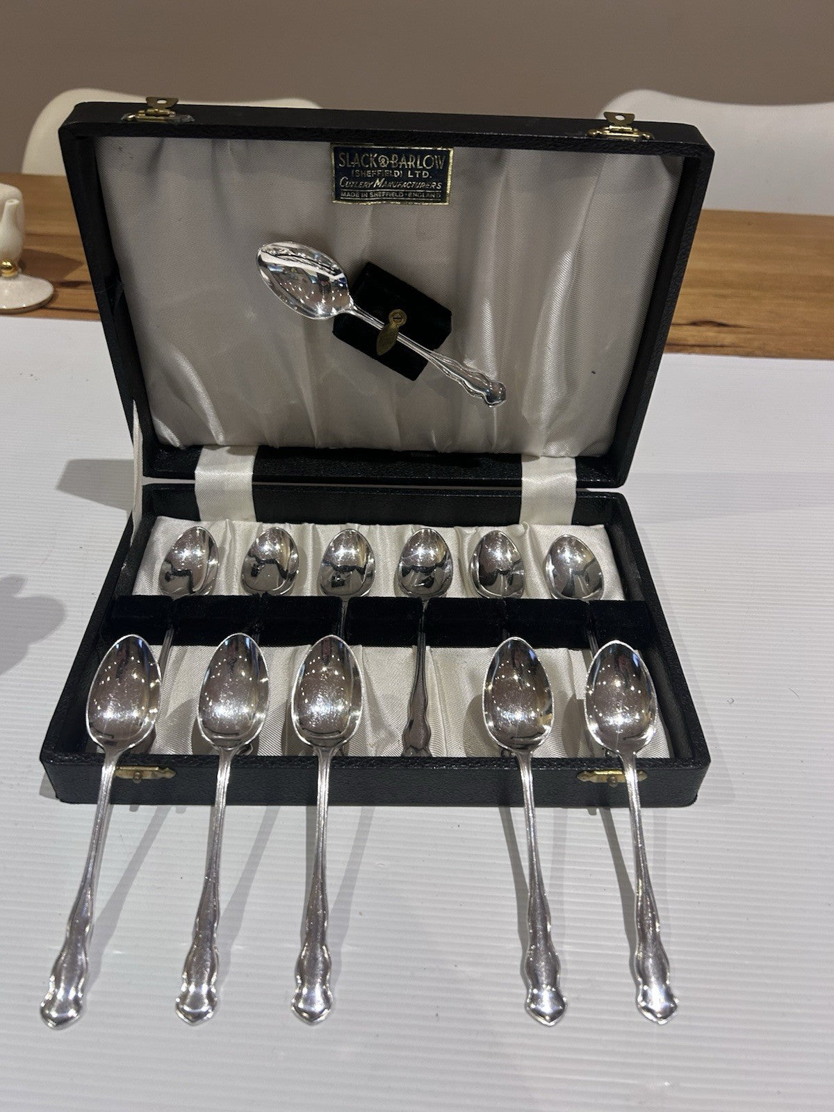 Slack & Barlow Sheffield 12 Silver Plate Teaspoons Boxed Set England Vintage