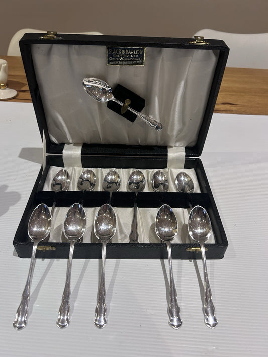 Slack & Barlow Sheffield 12 Silver Plate Teaspoons Boxed Set England Vintage