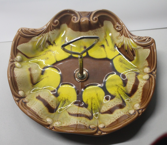 Vintage Mid Century Drip Glaze Bonbon Dish w Metal Handle Brown Yellow MCM