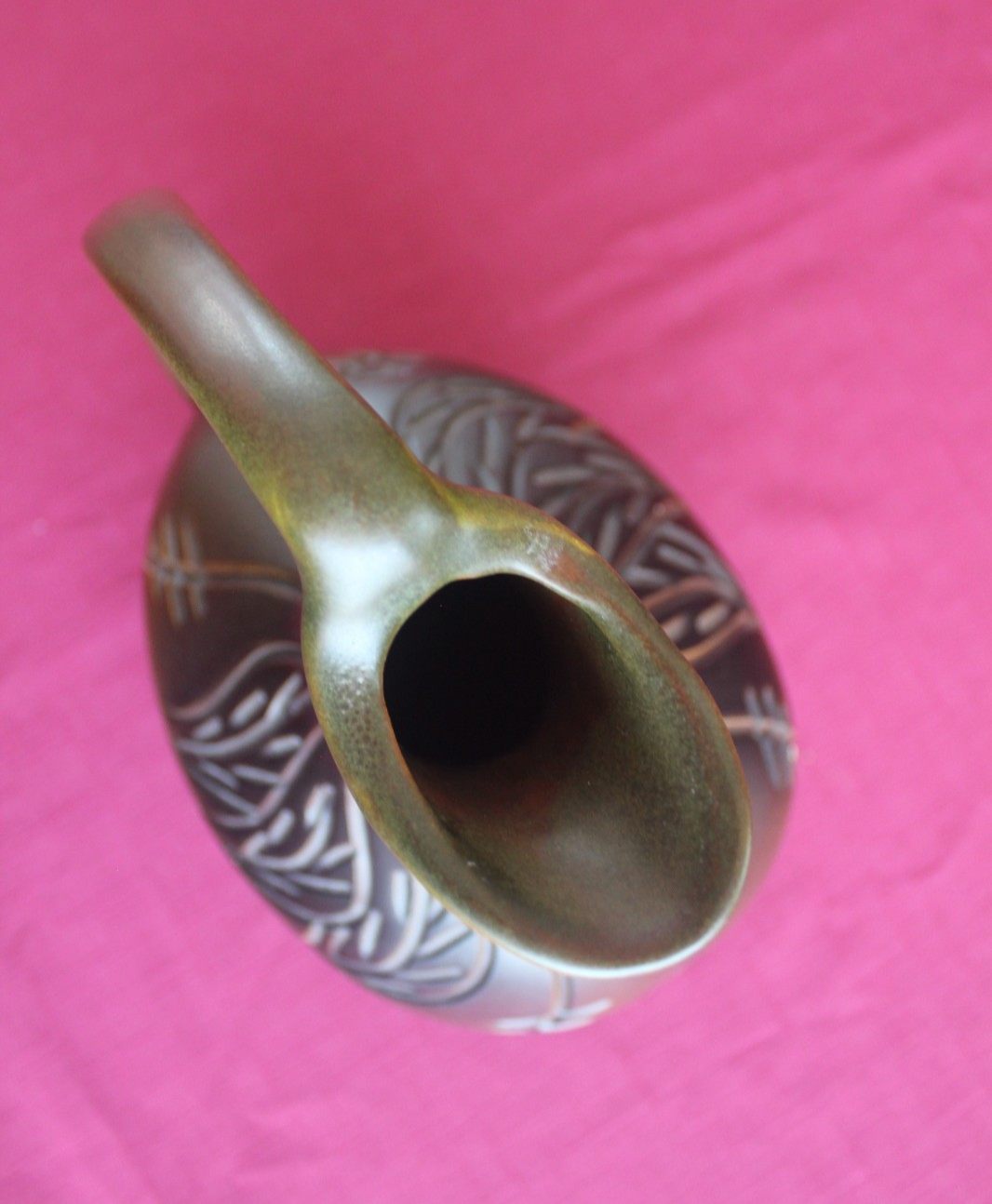 Vintage Studio Pottery Jug – Carved Leaf Motif | Mid-Century Modern