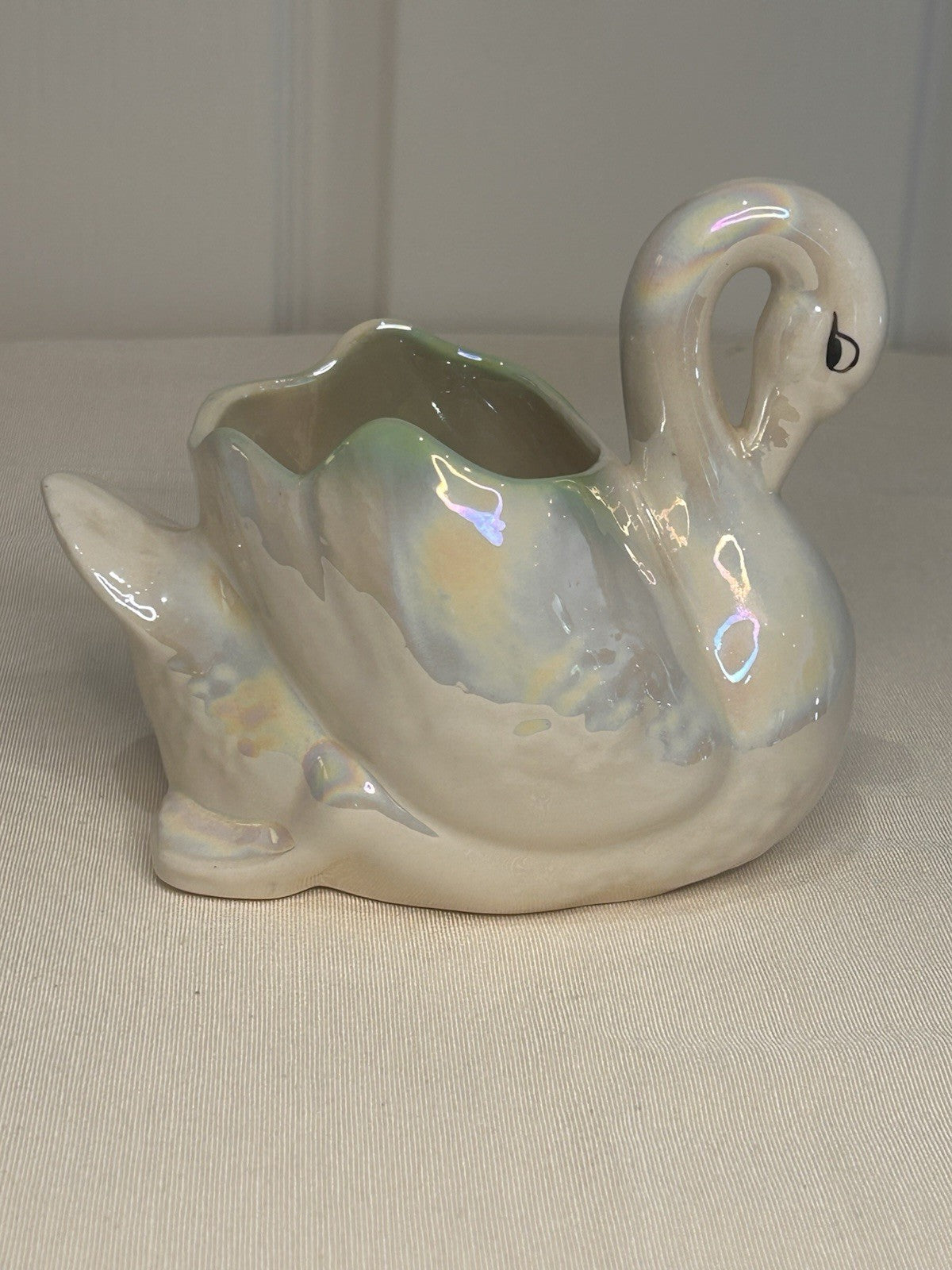 Vintage Iridescent Swan Planter Vase 1950s Ceramic Lustre Glaze 14cm High