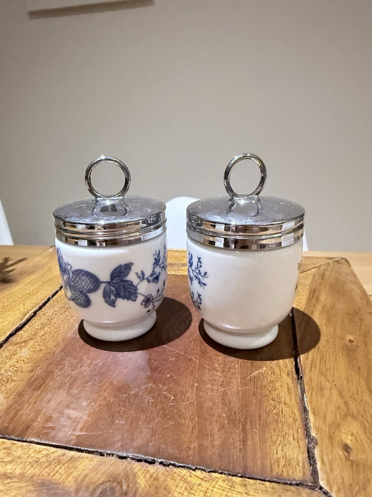 Royal Worcester Egg Coddlers Pair Blue Floral w Lids England Vintage