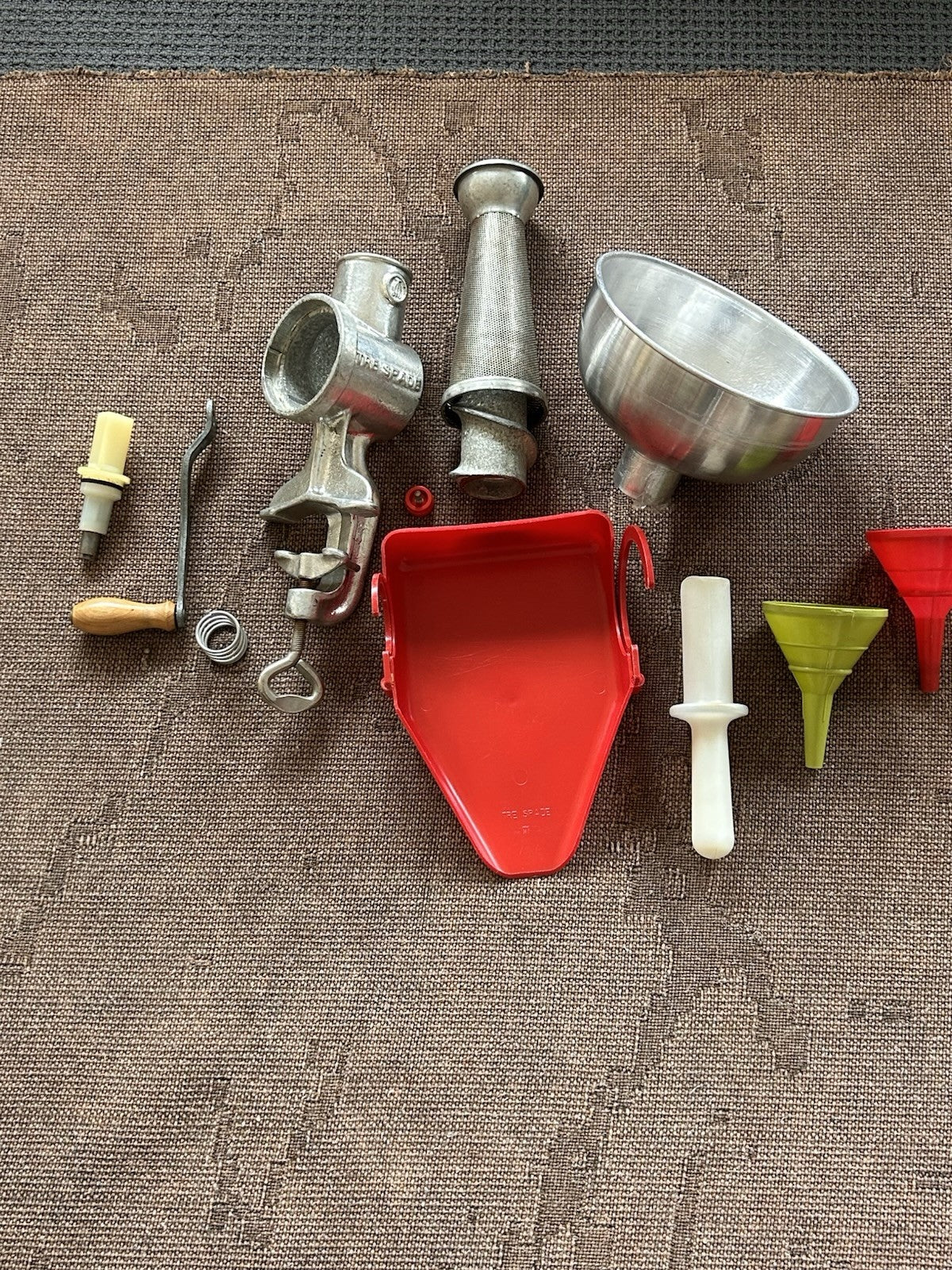 Tre Spade Hand Crank Food Mill Grinder w/ 2 Funnels Vintage Kitchen Italy