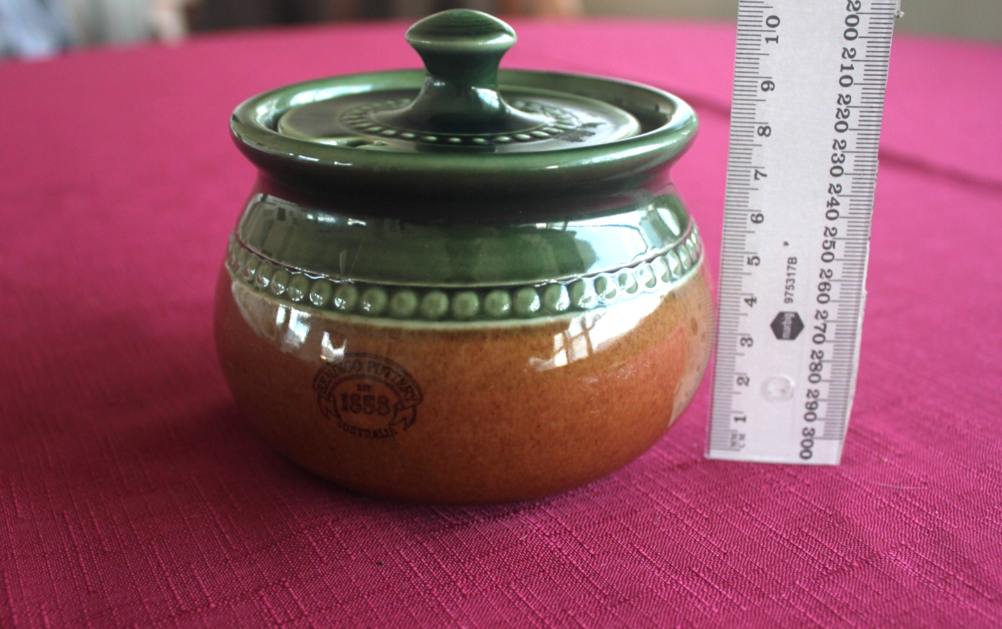 Vintage Bendigo Pottery Lidded Jar – Green & Brown Glaze – Australia