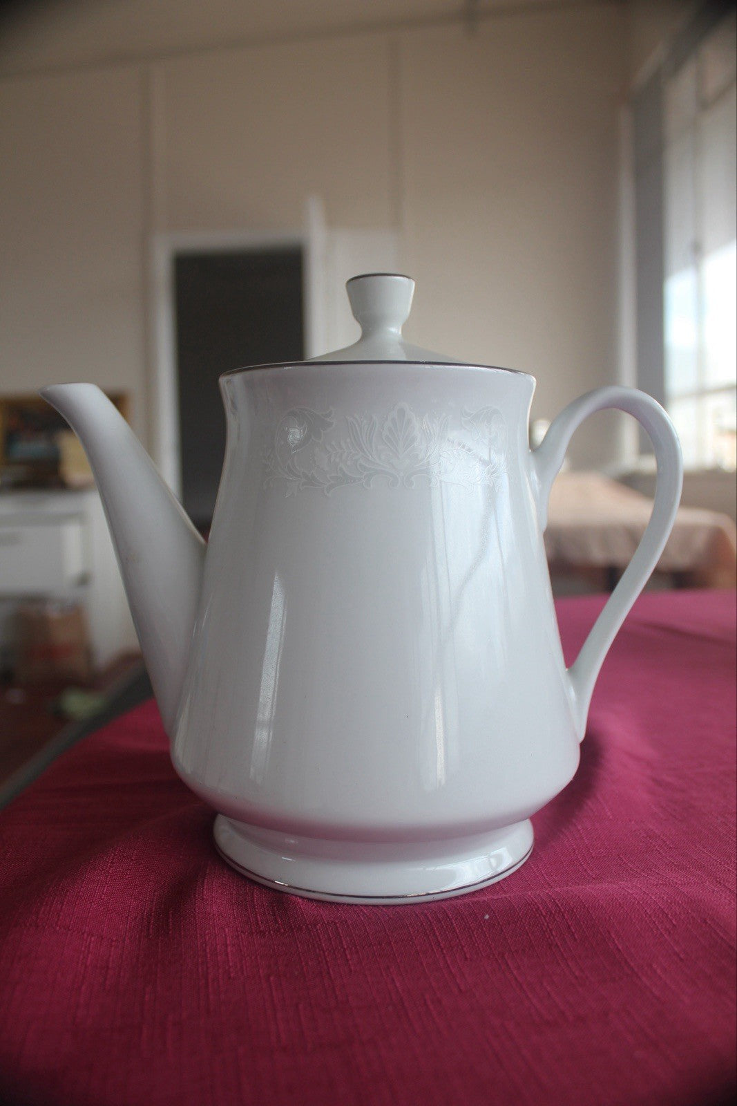 Vintage Harbro Lavinia White Teapot Fine China Japan Subtle Floral Etch