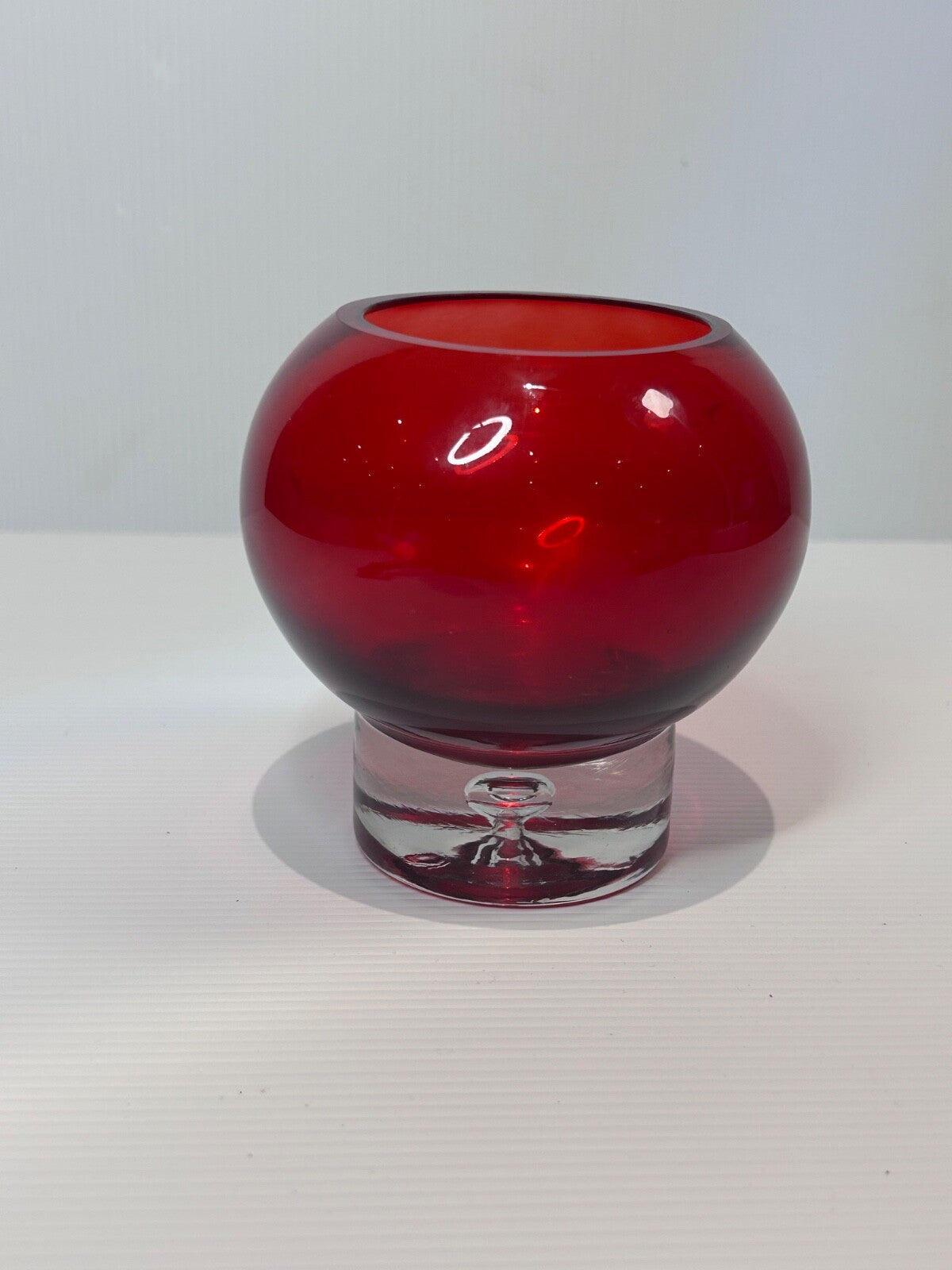 Polish Art Glass Vase  Red Cased Bowl on Clear Bubble Base – Krosno Style  1990s