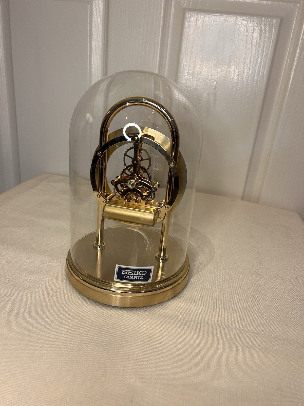 Seiko Quartz Skeleton Mantel Clock QAW101G Brass & Glass Dome Japan Vintage