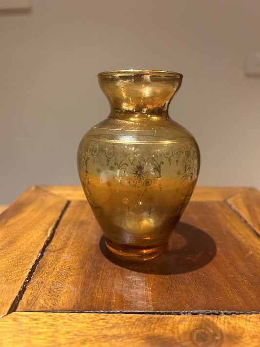 Vintage Amber Glass Vase Gilt Decor Venetian Style Hand Blown 1970s