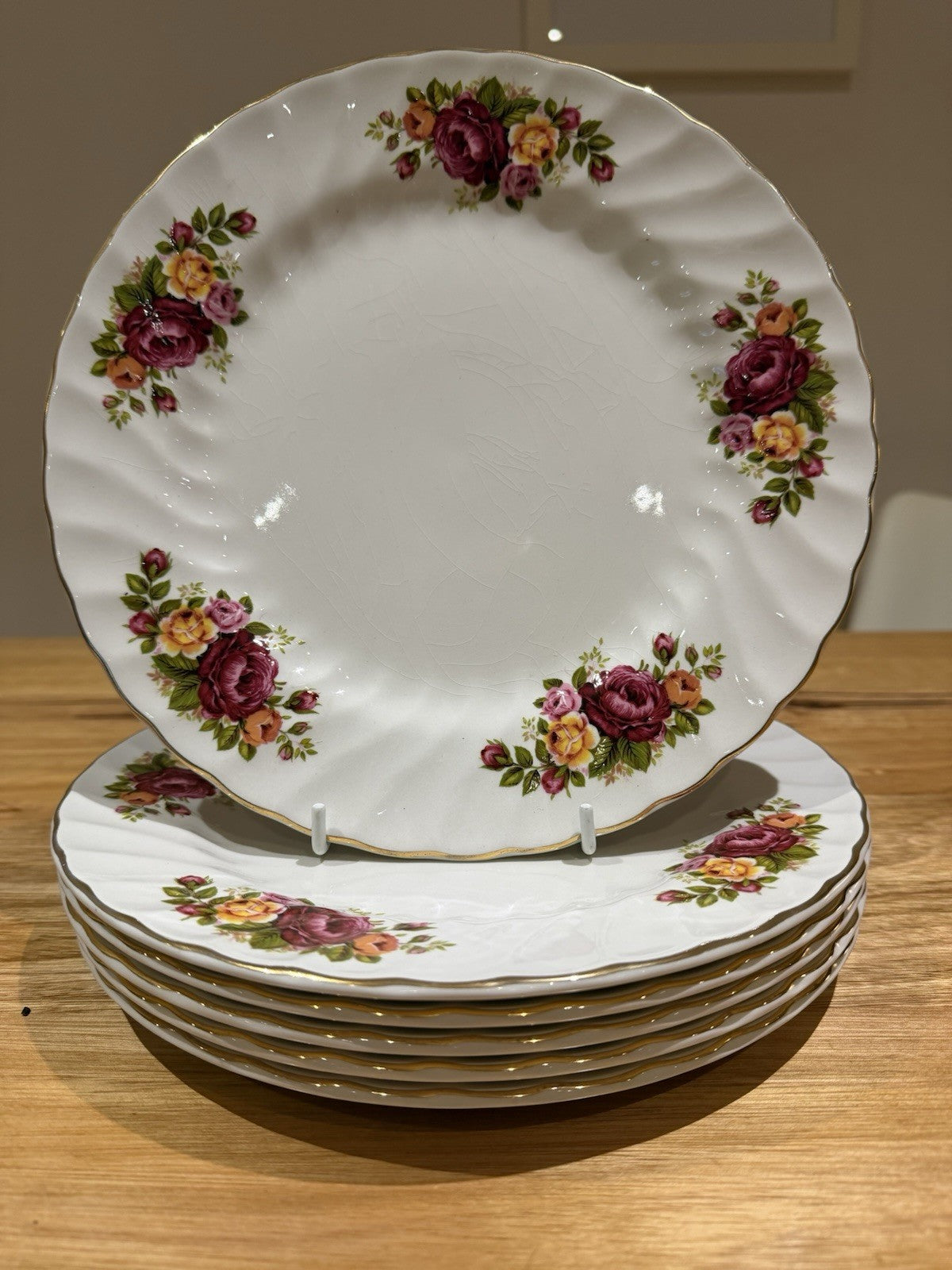 Vintage Cottage Rose Ironstone Wood & Sons England Set 6 Dinner Plates