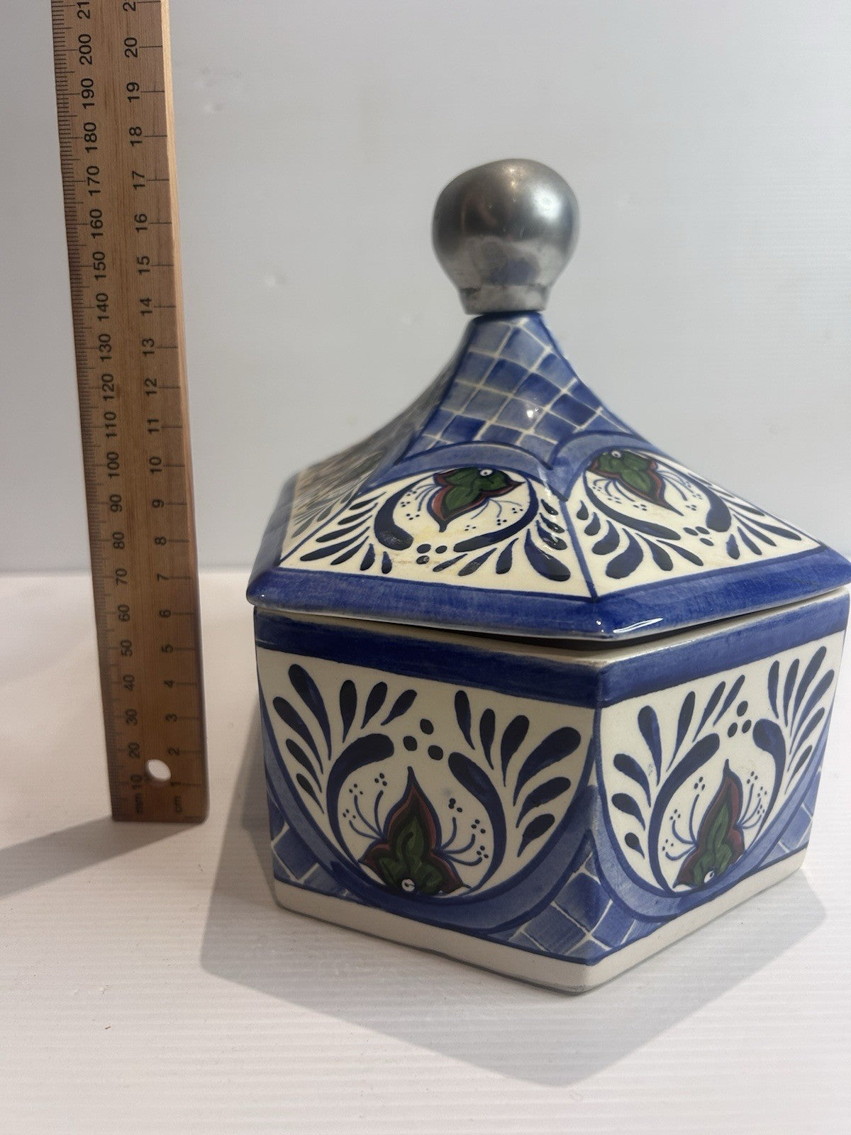 Mexican Talavera Hexagonal Lidded Pot BMT Regalos Blue Folk Art CT-08