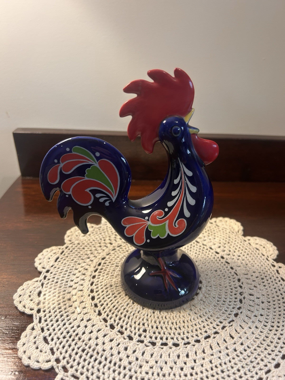 Goebel West Germany Rooster Figurine Blue Hand Painted Folk Art Style 17cm