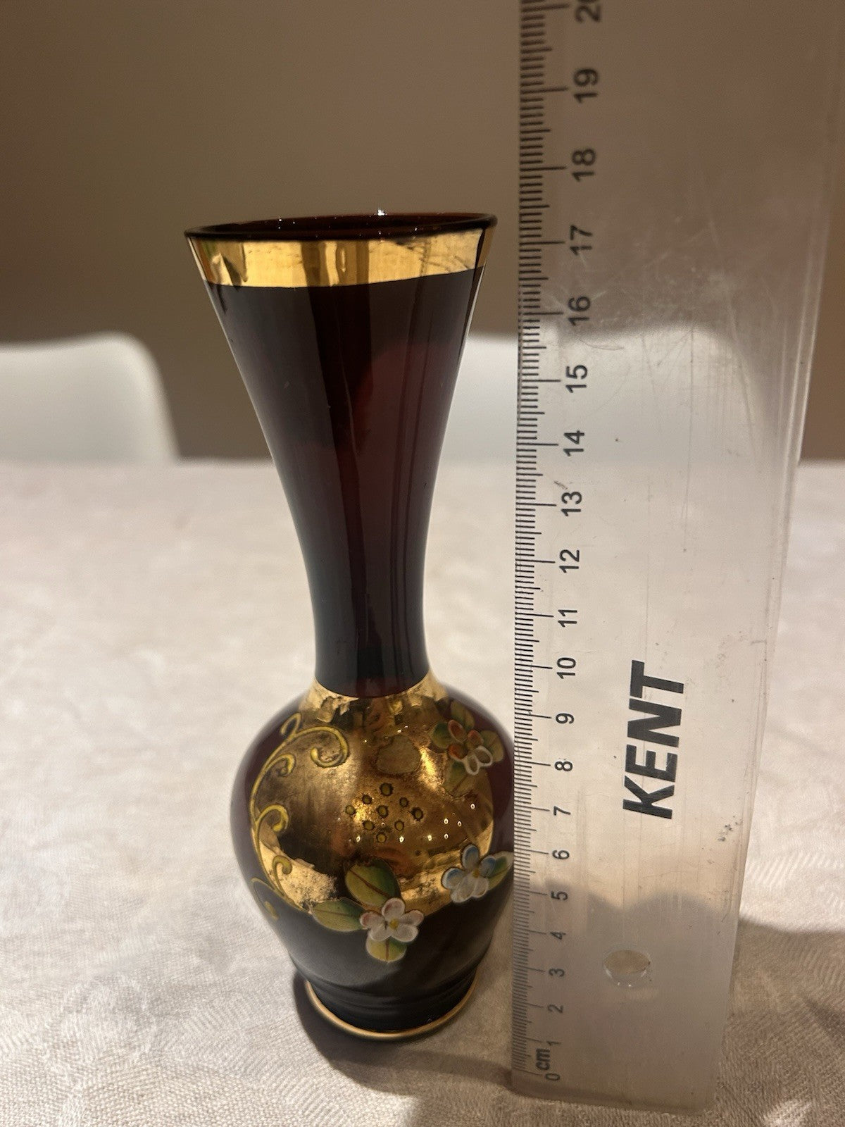 Early 20th Century Hand-Blown Ruby Glass Vase with Gilt & Enamel Floral