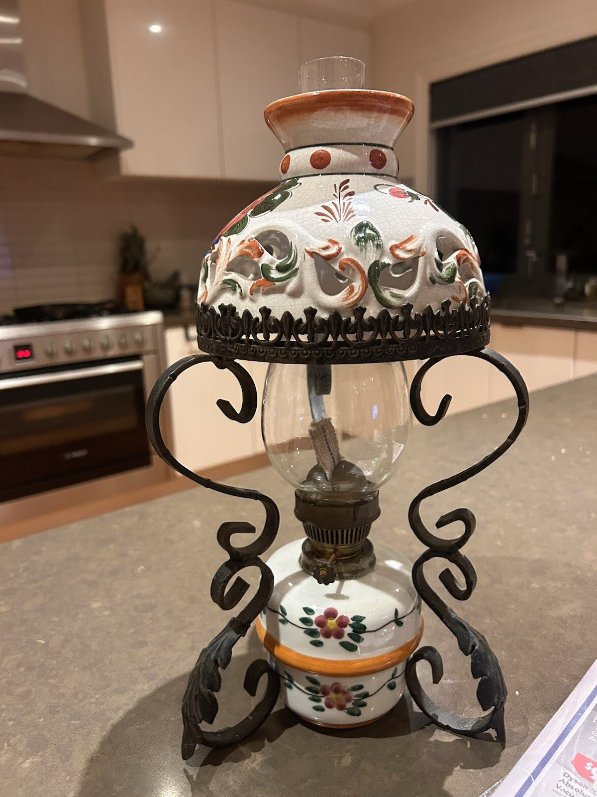 Vintage Italian Style Ceramic & Wrought Iron Oil Lamp – Tuscan Revival 1970s