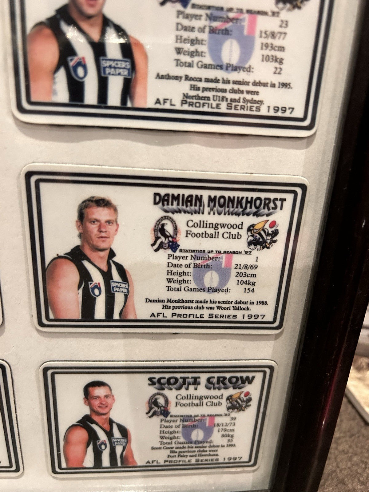 Collingwood AFL Profile Magnets 1997 Framed Set Buckley Rocca Monkhorst