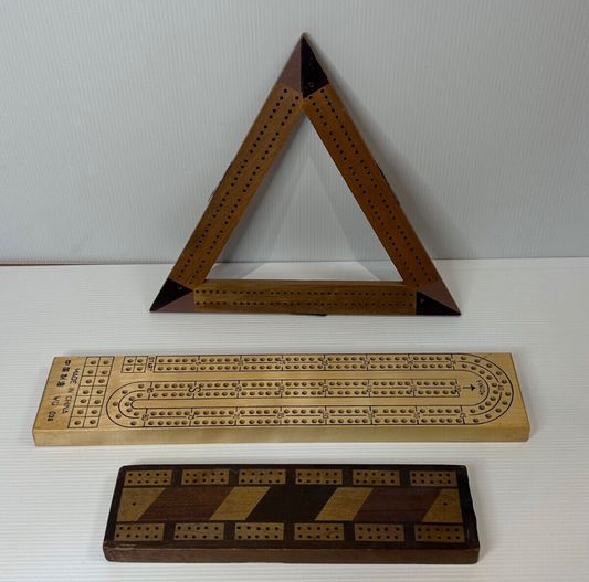 Vintage Cribbage Board Collection x 3 – Triangle, Inlaid, and Classic Flat Board
