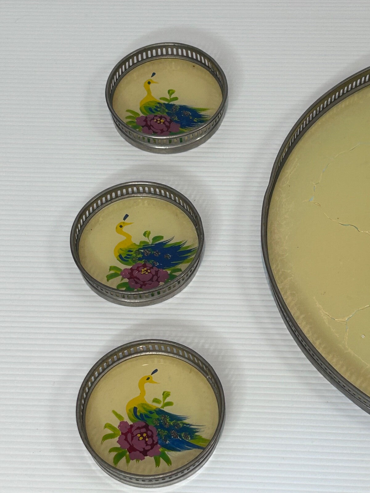 Vintage 1950s Hand-Painted Peacock Tray & 6 Coasters – Made in Japan