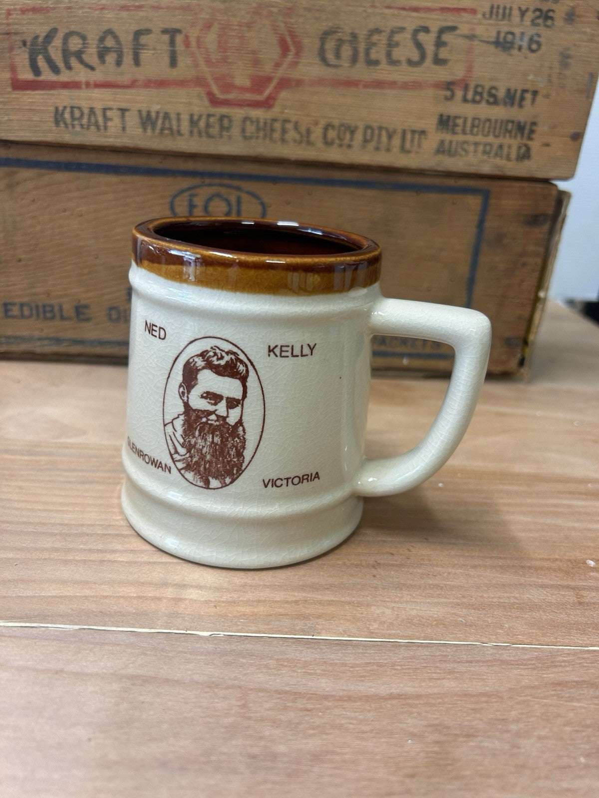 Ned Kelly Mug Glenrowan Victoria 1980s Pottery Brown Rim Gaol Quote