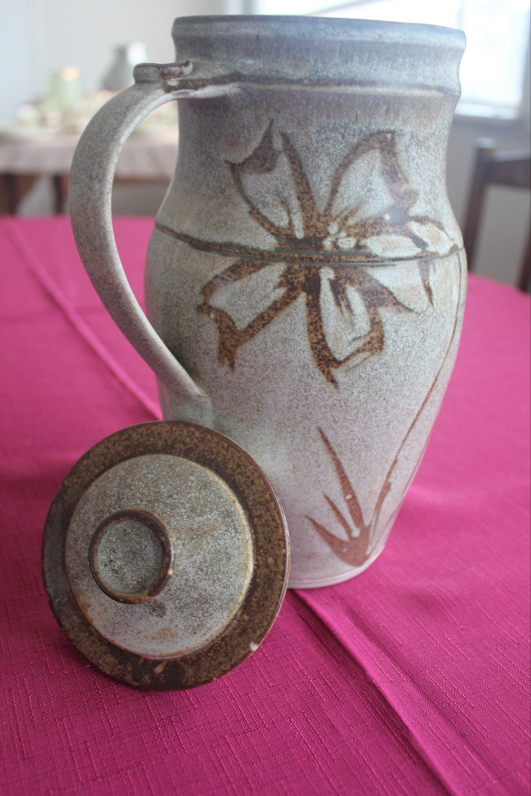 Vintage Studio Pottery Lidded Jug Hand Thrown Floral Stoneware ~23cm