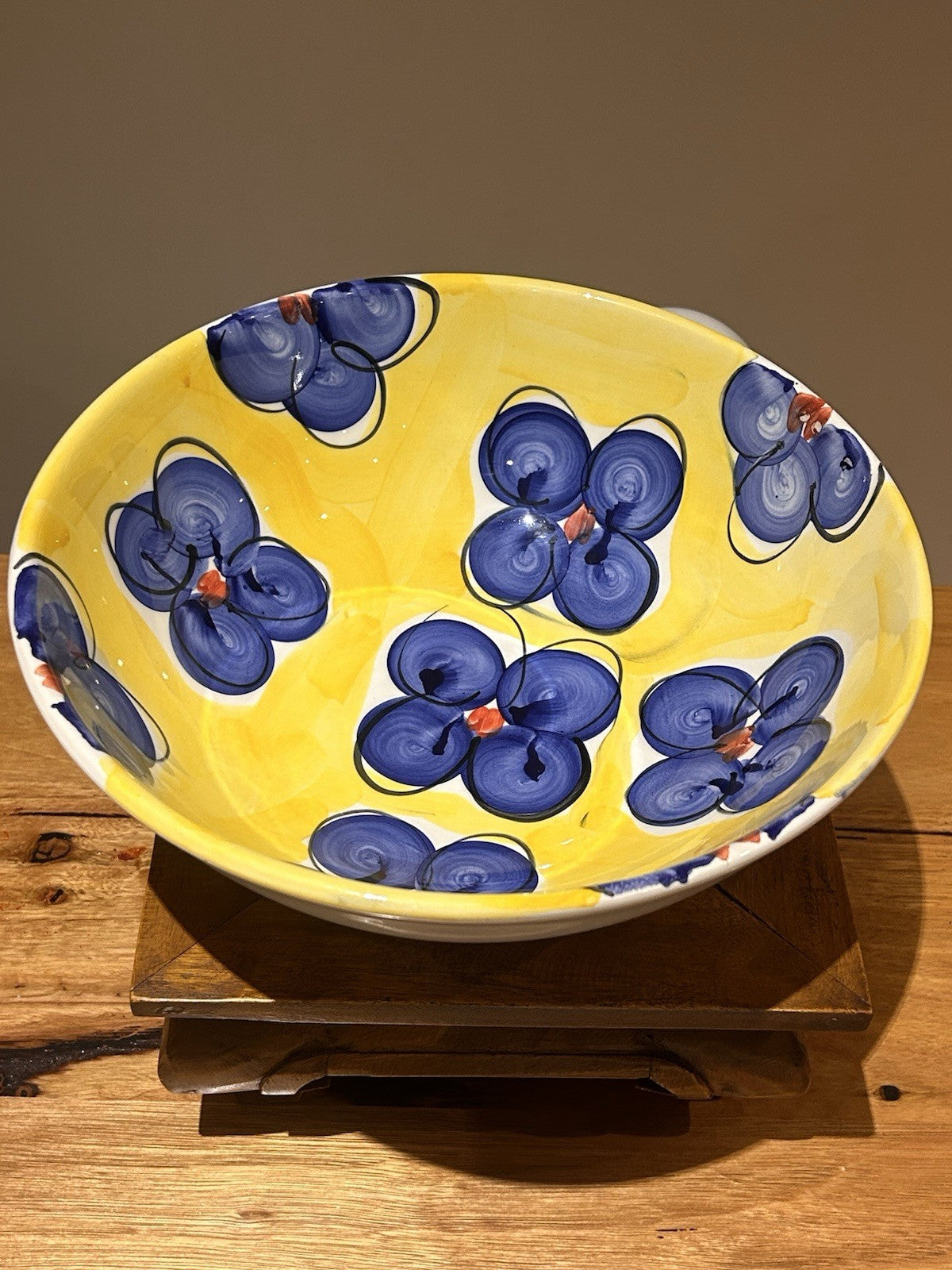 Italian Hand Painted Ceramic Bowl 29cm Deruta Style Yellow Blue Vintage