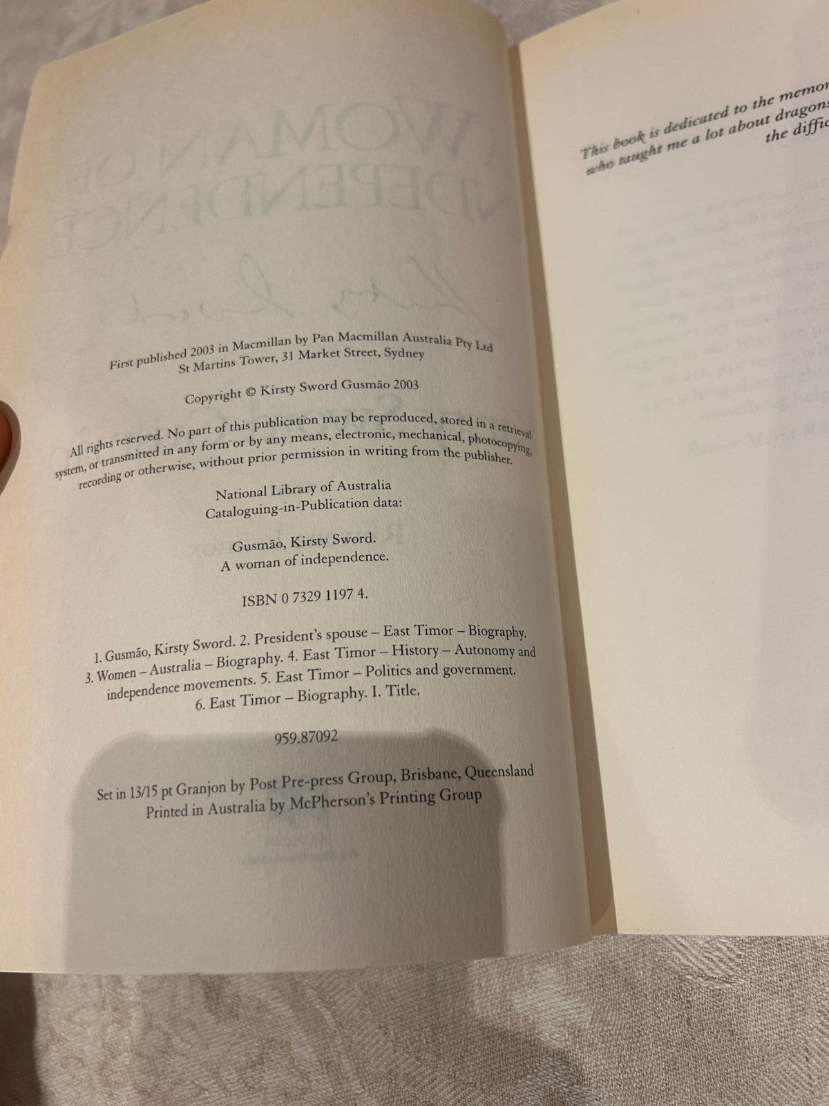 A Woman of Independence - Signed First Edition Kirsty Sword Gusmão | 2003